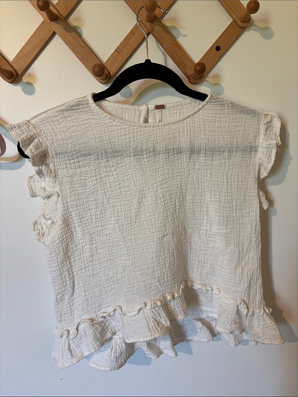 Free People White Gauze Ruffle Sleeve Top